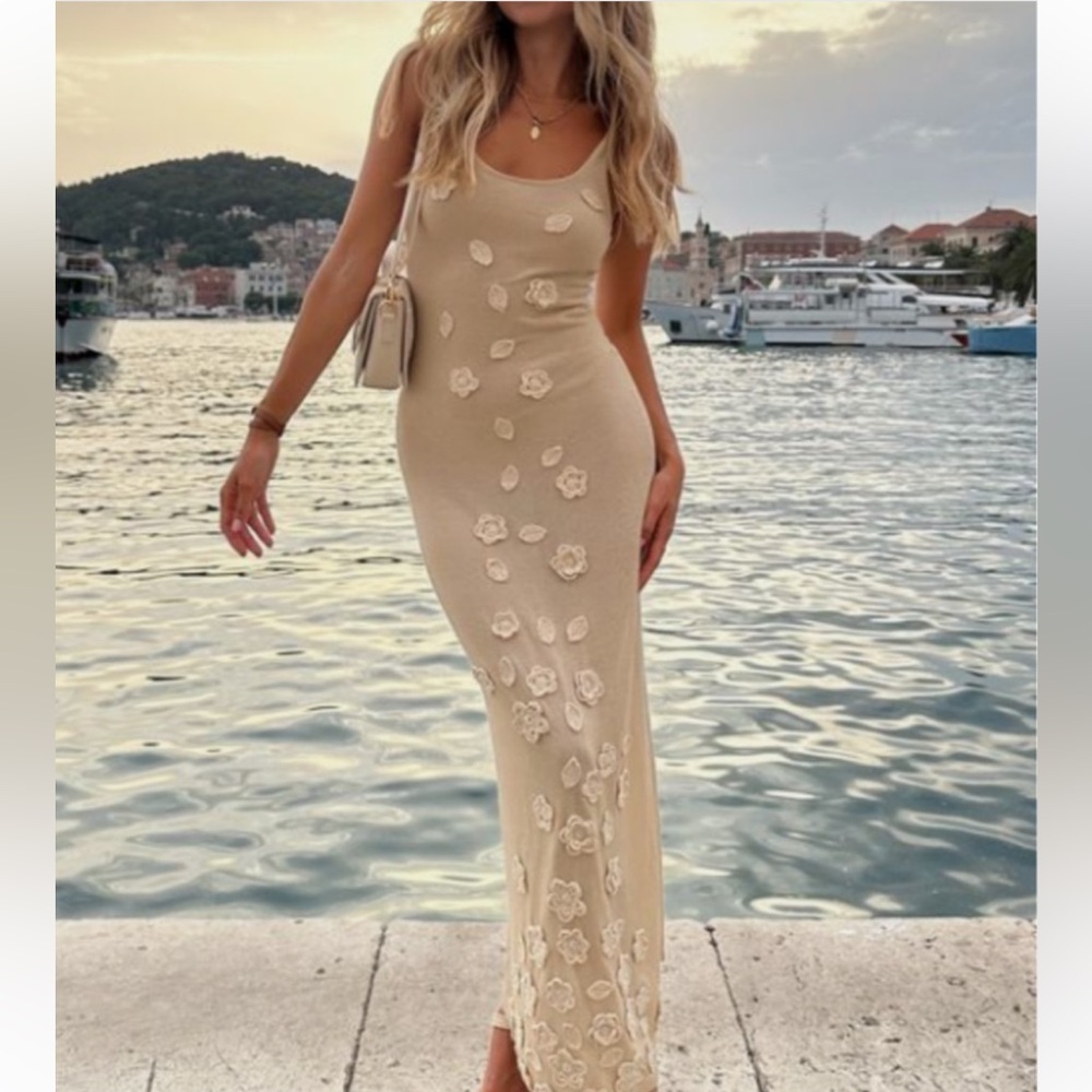 Caroline Constas Cream Beige Floral Knit Maxi Dress